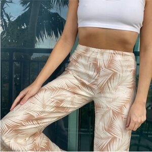 Tan Cream Linen Palm Wide Leg Pants